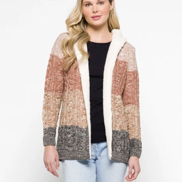 Lety & Me Helsa Sherpa Lined Cardigan M Orange Grey Hooded Winter Colorblock - Picture 1 of 11